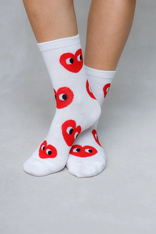 Tall White Socks with Red Hearts
