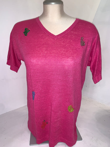 Esthème Cactus Motif Knit V-Neck