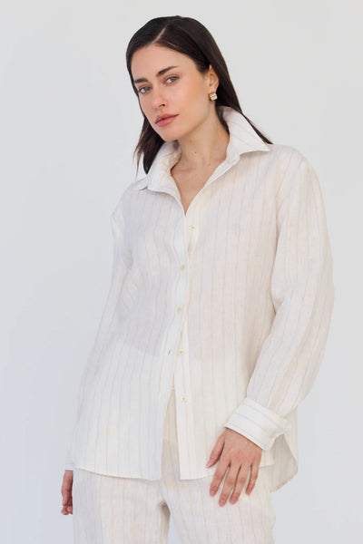 Whitney Linen Boyfriend Shirt - Ivory/Brown