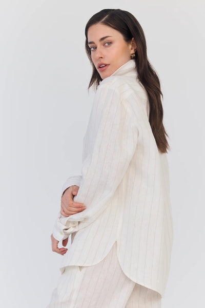 Whitney Linen Boyfriend Shirt - Ivory/Brown