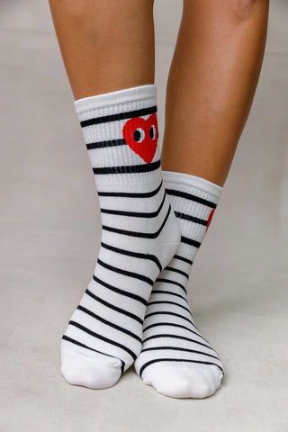 Tall White Striped Socks with Red Heart