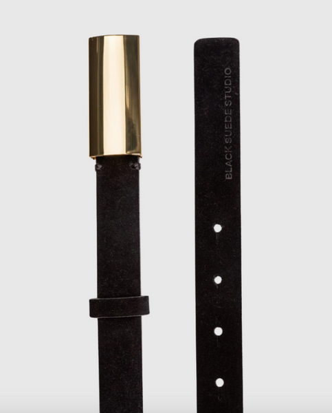 City Belt with Rectangular Buckle- Black Suede/Gold
