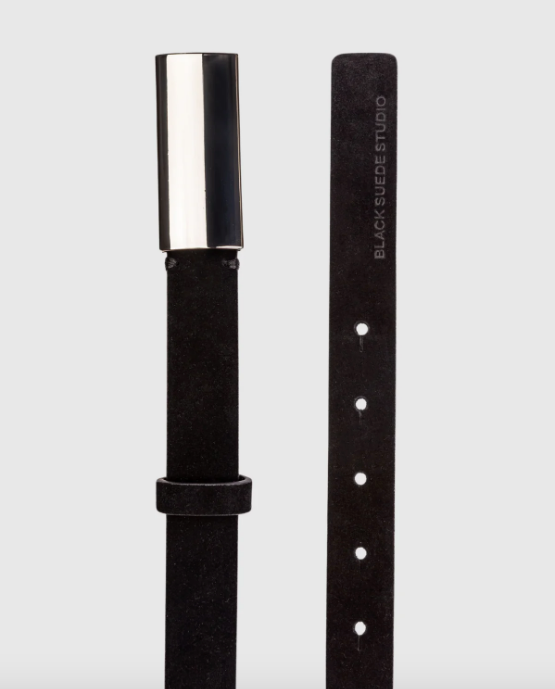 City Belt with Rectangular Buckle- Black Suede/Silver
