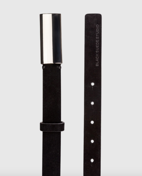 City Belt with Rectangular Buckle- Black Suede/Silver