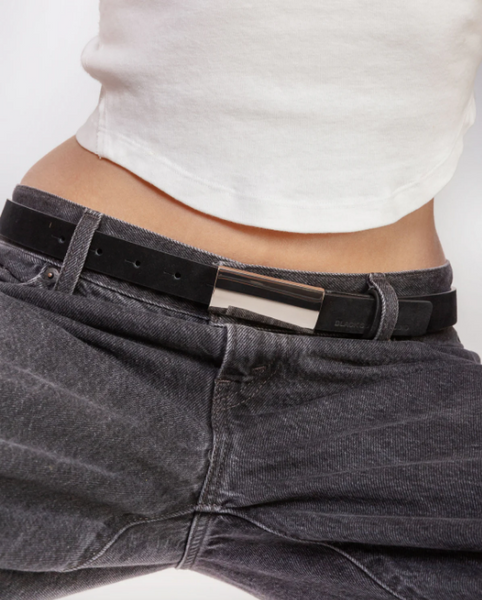 City Belt with Rectangular Buckle- Black Suede/Silver
