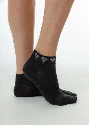 Short Black Crystal Heart Socks