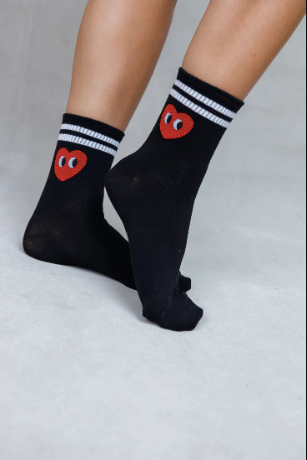 Tall Double Stripe Black Socks with Red Heart