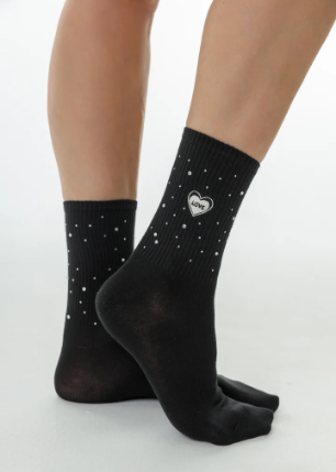 Tall Black Crystal Socks with White Love Heart