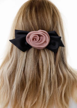 Black Bow Barrette with Rose