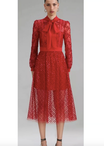 self-portrait Red Sequin Midi Dress