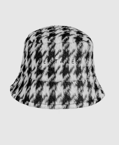 SENTALER Black & White Houndstooth Suri Alpaca Bucket Hat