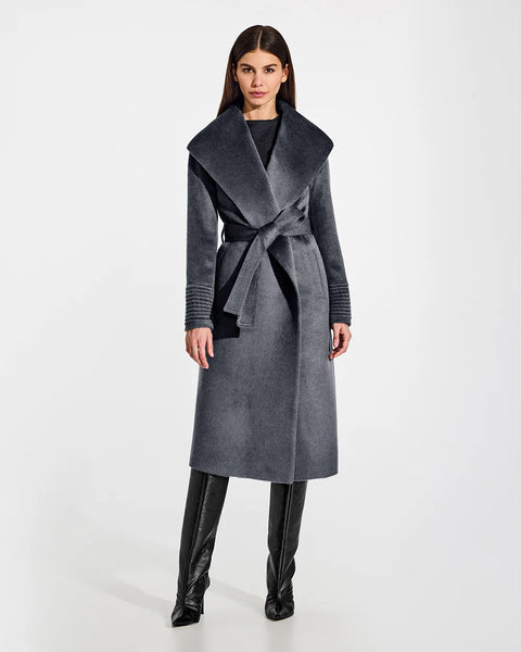 SENTALER Suri Alpaca Long Shawl Wrap Collar Coat- Charcoal