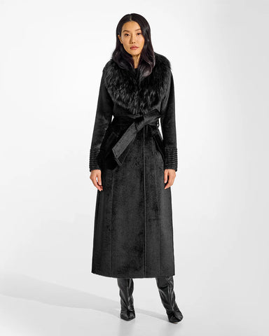 PRE-ORDER SENTALER Suri Alpaca Maxi Coat with Alpaca Shearling Collar- Black