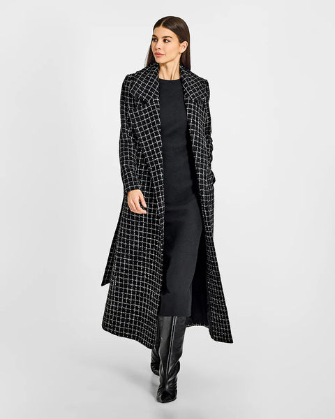 SENTALER Tweed Check Suri Alpaca Maxi Notched Collar Wrap Coat- Black Check