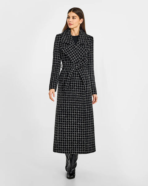 SENTALER Tweed Check Suri Alpaca Maxi Notched Collar Wrap Coat- Black Check