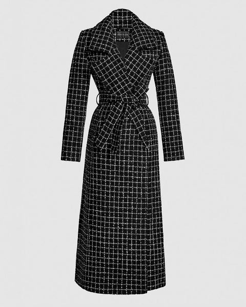 SENTALER Tweed Check Suri Alpaca Maxi Notched Collar Wrap Coat- Black Check