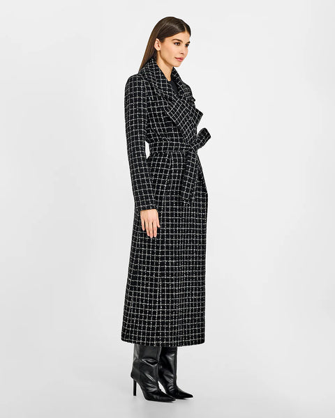 SENTALER Tweed Check Suri Alpaca Maxi Notched Collar Wrap Coat- Black Check