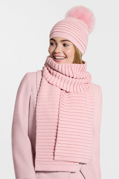 PINK ADULT RIBBED HAT WITH OVERSIZED FUR POMPON