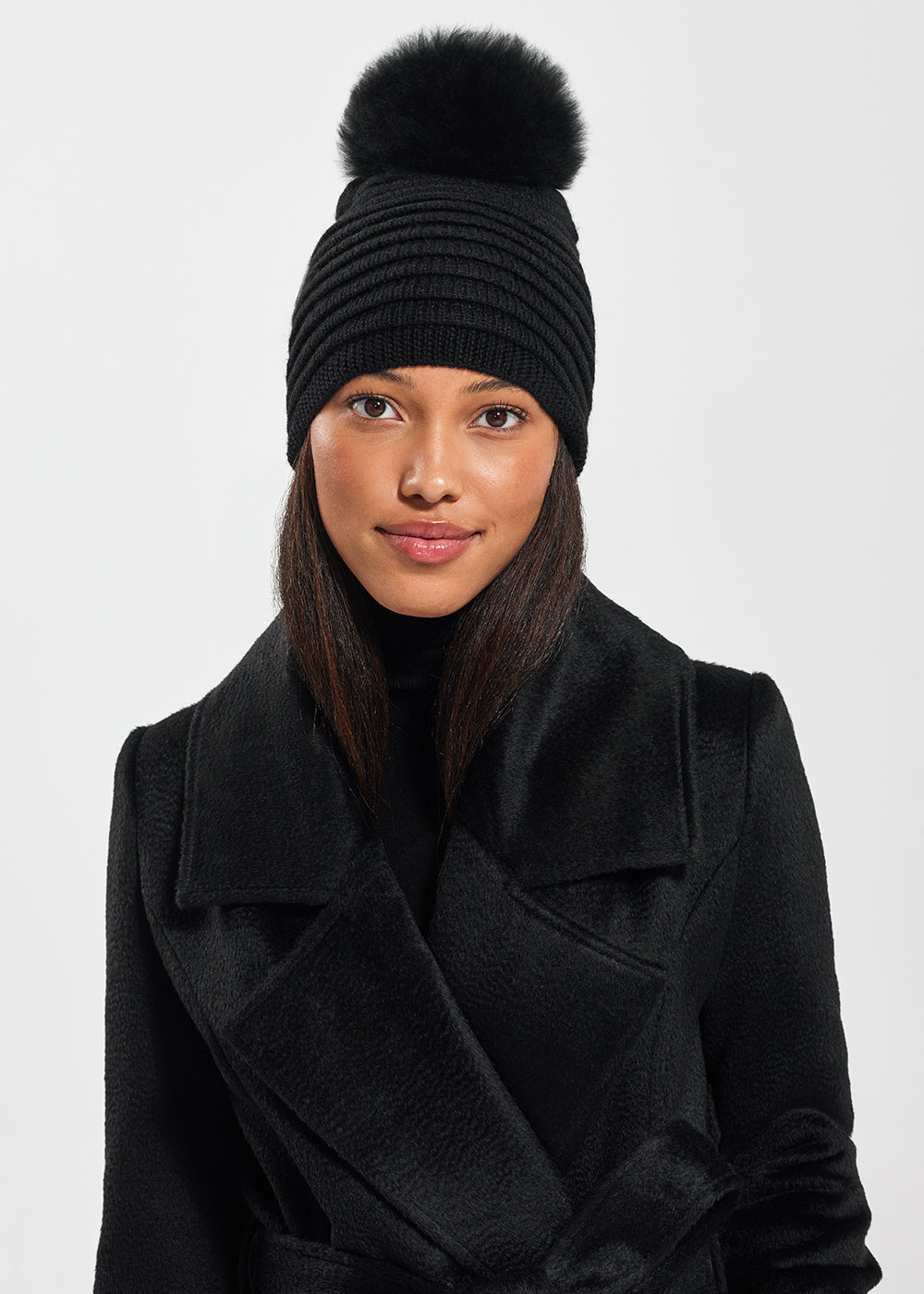 SENTALER BLACK ADULT RIBBED HAT WITH OVERSIZED FUR POMPON