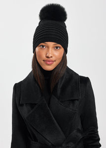 SENTALER BLACK ADULT RIBBED HAT WITH OVERSIZED FUR POMPON