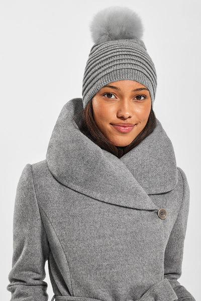 GREY ADULT RIBBED HAT WITH OVERSIZED FUR POMPON