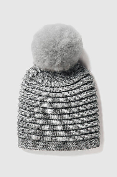 GREY ADULT RIBBED HAT WITH OVERSIZED FUR POMPON