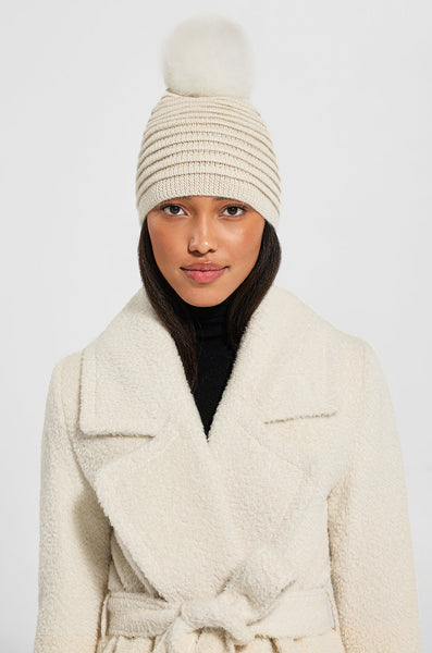 IVORY ADULT RIBBED HAT WITH OVERSIZED FUR POMPON