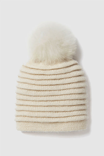IVORY ADULT RIBBED HAT WITH OVERSIZED FUR POMPON