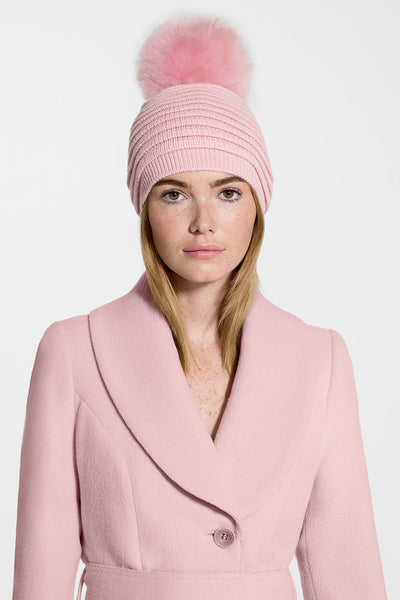 PINK ADULT RIBBED HAT WITH OVERSIZED FUR POMPON