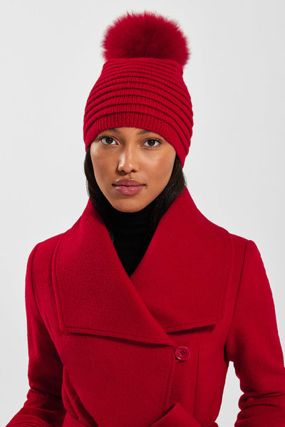 RED ADULT RIBBED HAT WITH OVERSIZED FUR POMPON