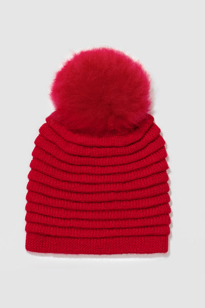 RED ADULT RIBBED HAT WITH OVERSIZED FUR POMPON