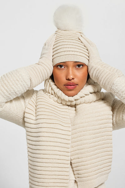 IVORY ADULT RIBBED HAT WITH OVERSIZED FUR POMPON