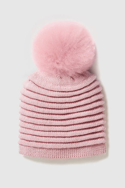 PINK ADULT RIBBED HAT WITH OVERSIZED FUR POMPON