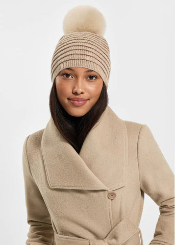 SENTALER Ribbed Hat with Oversized Fur Pompom- Camel